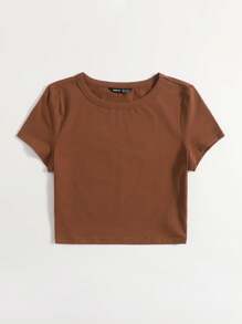 SHEIN EZwear Marled Knit Solid Tee - Coffee Brown - View 3