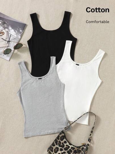 SHEIN EZwear ملابس علوية كاجوال ضيق القصات للسيدات ذو أشرطة عريضة للون الصلب، يناسب الاستخدام اليومي