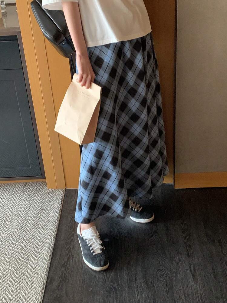 2pcs/Set Women Solid Color Loose Top And Plaid A-Line Skirt Set Summer