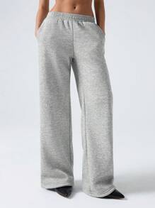 LYSMO Women's Solid Color Elastic Waist Loose Fit Thermal Lined Sweatpants, Baggy Pants - Grey - View 3