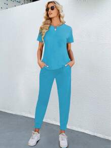 SHEIN LUNE 女式平纹针织休闲度假抽绳短袖上衣和裤子套装，轻便，两件套 - 淺藍色 - 查看 3