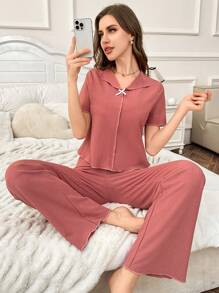 女士休闲针织星形罗纹提花领短袖上衣和长裤睡衣套装 - 藕粉色 - 查看 3