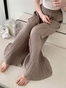 DAZY Women Solid Color Textured Chiffon Flare Leg Casual Pants,Teacher Pants - Apricot - View 4