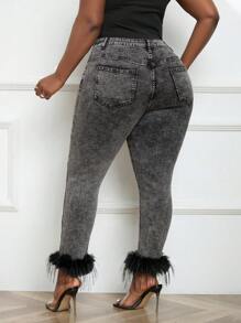 SHEIN EZwear Plus Fuzzy Trim Skinny Jeans - Black - View 2