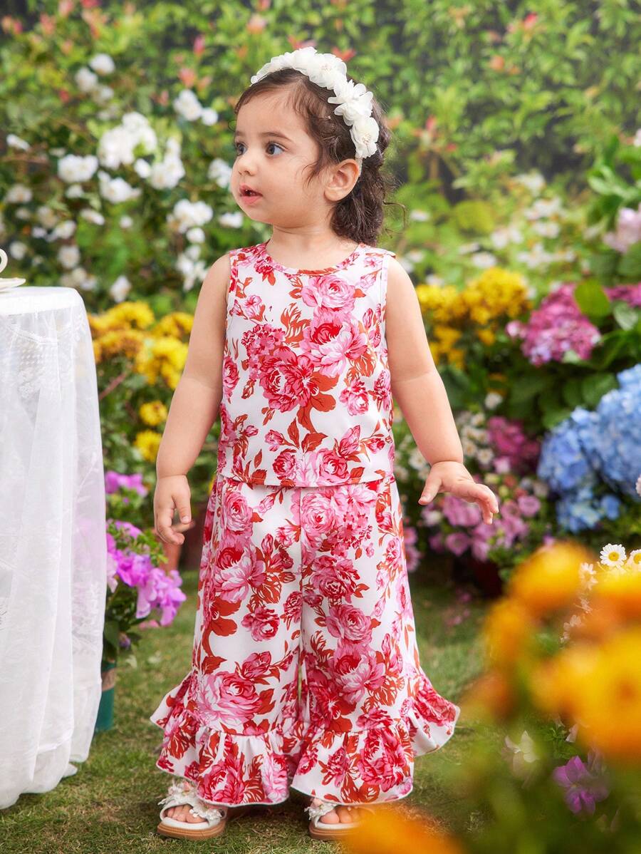 Conjunto de 2 piezas para bebés niñas de verano con estampado floral lindo: chaleco con bajo con volante y pantalones