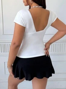 SHEIN EZwear Plus Size Solid Deep V-Neck Bowknot Open Back Short Sleeve T-Shirt - White - View 2