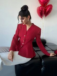 SHEIN Privé Elegancka damska marynarka z wyściełanymi ramionami i plisowaną talią - Burgund - Zobacz 5
