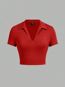 SHEIN EZwear 3 件女式 V 领 Polo 修身短款休闲 T 恤，适合夏季 - 彩色 - 查看 9