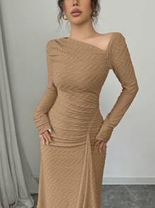 Elenzga 女士优雅通勤连衣裙，不对称领口，腰部收褶，荷叶边下摆，纹理针织，长袖纯色长裙