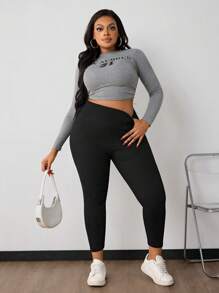 SHEIN PETITE CURVE Quần legging dài bó màu đen thường ngày cho nữ cỡ lớn - màu đen - Xem 4