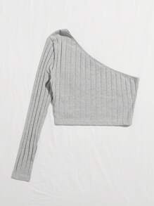 SHEIN EZwear One Shoulder Rib-knit Crop Top - Light Grey - View 2