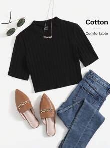 SHEIN EZwear Solid Rib Knit Crop Tee - Black - View 1