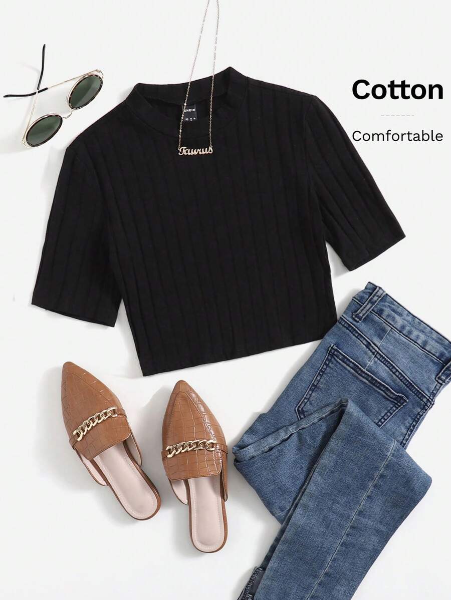 SHEIN EZwear Solid Rib Knit Crop Tee - Black - View 1
