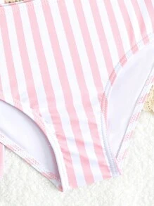 Young Girl Striped Ruffle Trim Bikini Swimwear Set With Shorts - Multicolor - View 4