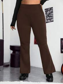 SHEIN EZwear Plus High Waist Black Flare Leg Pants - Brown - View 5