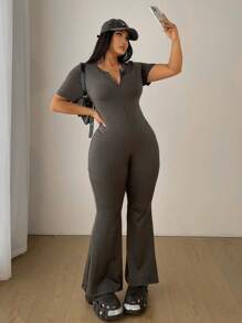Flirla Modischer lässiger Jumpsuit mit kurzen Ärmeln, taillierter Taille und weitem Bein