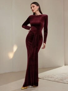 Modelyn Women's Elegant Floor-Length Solid Color Long Sleeve Dress With Flowing Detailing