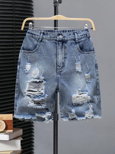SHEIN Explorewe Tween Boys Stylish Streetwear Slim Fit Distressed Faded Light Blue Denim Casual Shorts Summer Holiday