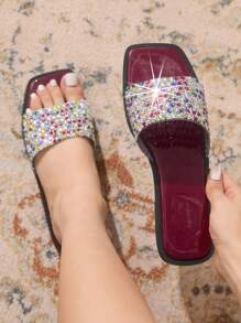 CUCCOO TILAWA New Outdoor Women Flat Sandals, Square Toe Rhinestone Silver Slip-On Slippers, Casual Comfortable Party & Commute Summer Shoes, Thick Sole Anti-Slip Sandals Spring Shoes Spring Break Easter - Burgundy - View 1