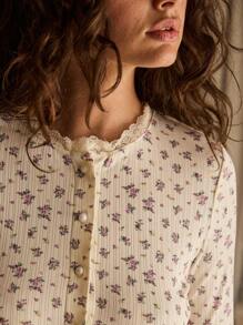 Aralina Floral Printed Lace Trim Soft Casual Jersey Cardi Short Set With Scrunchie - Beige - View 3
