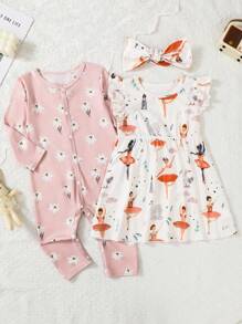 Bộ đồ mặc nhà thoải mái cho bé gái gồm 2 món: áo liền quần dài tay in họa tiết hoa và váy tay ngắn in họa tiết hoa, kèm băng đô. - Nhiều màu - Xem 1
