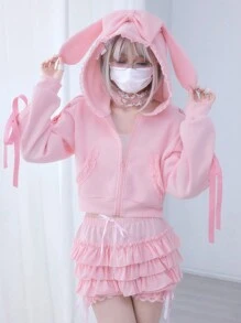 ROMWE Kawaii 女士蕾丝边兔耳和蝴蝶结装饰抽绳连帽衫