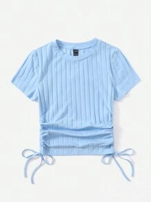 SHEIN EZwear تي شيرت محبوك مضلع برباط جانبي مكشكش