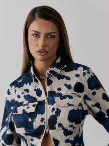 MUSERA Áo khoác denim dài tay in họa tiết bò sữa cổ bẻ, khóa kéo đôi, eo thon, phong cách mùa xuân thập niên 90, Y2K, dễ thương, gợi cảm, mùa hè, kiểu miền Tây, đi nghỉ mát, lễ hội, hòa nhạc, Ibiza, họa tiết bắt mắt, đi chơi đêm, mùa đông sang trọng. - Nhiều màu - Xem 6