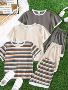 SHEIN Leap Crew Juego de 6 piezas de camisetas de cuello redondo y pantalones cortos casuales, cómodos, de moda, sencillos, prácticos, versátiles, suaves y cómodos para niños pequeños, con rayas retro y tela texturizada, de alta calidad y asequibles - Gris - Ver 3