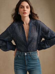 Anewsta V 领灯笼袖水钻刺绣复古度假衬衫