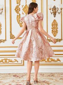 SHEIN Teen Girl Luxurious Elegant Multi-Layer Ruffle V-Neck Jacquard Pleated Cap Sleeve Dress