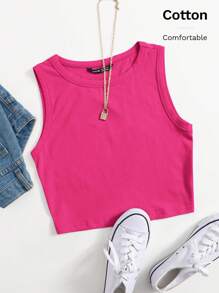 SHEIN EZwear Solid Crop Summer Outfits Pink Tank Top - Hot Pink - View 6