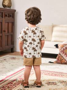 Cozy Pixies Set de 2 piezas de Top de manga corta de cuello redondo suave y pantalones cortos de cintura elástica con estampado de palmeras para bebé niño