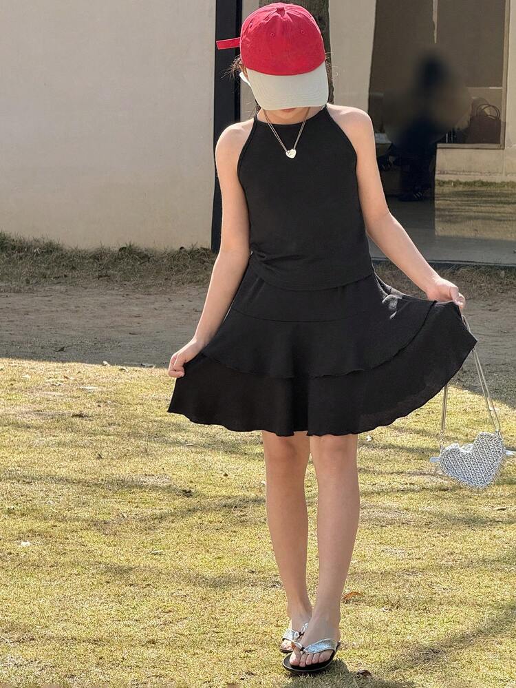 2pcs/Set Tween Girl Solid Color Round Neck Sleeveless Top And Skirt