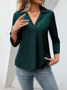 Balvessa 女士简约纯色日常长袖衬衫、七分袖上衣 - 墨綠色 - 查看 5
