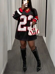 Slaydiva 2024 Autumn/Winter Fashion American Number Print Woven Shirt For Women, V-Neck Long Sleeve Adjustable Hem Pullover Top Fall - Multicolor - View 1