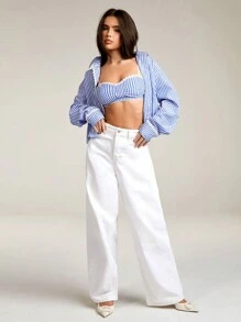 Athîral 2pcs Set Women's Ruffled Trim Oversized Shirt And Fitted Ruffled Trim Bustier Top - Blue - View 2