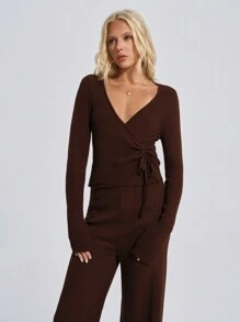 RueChic Women's Brown Ribbed Knit Long-Sleeve V-Neck Top And High-Waisted Pants Set With Front Drawstring Tie Detail - Brown - View 4
