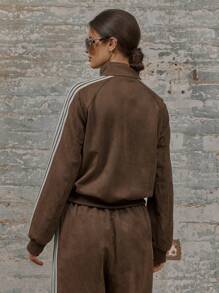 MUSERA Zip Through Cuffed Sleeve Stripe Detail High Collar Sweatshirt Graduation, Back To School, Teacher For Women, Fall Autumn Winter Christmas