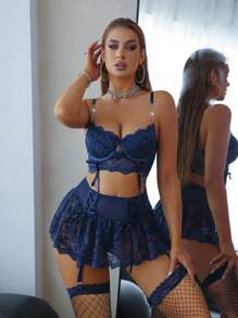 Conjunto de 5 piezas de lencería romántica y sexy para mujeres para salir - Azul Marino - Ver 1