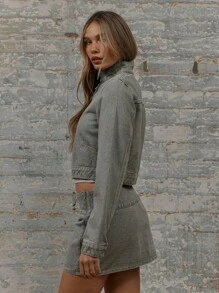 MUSERA Cropped Slim Fit Zip Through Seam Detail Popper Neck Closure Denim Jacket, Spring 90's Cute Summer - Green - View 4