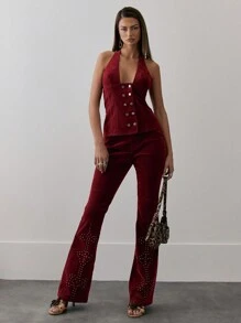 MUSERA Áo hở cổ yếm bằng da lộn đính đinh tán, phong cách mùa xuân 90s/Y2k, dễ thương, gợi cảm, mùa hè - Đỏ - Xem 4