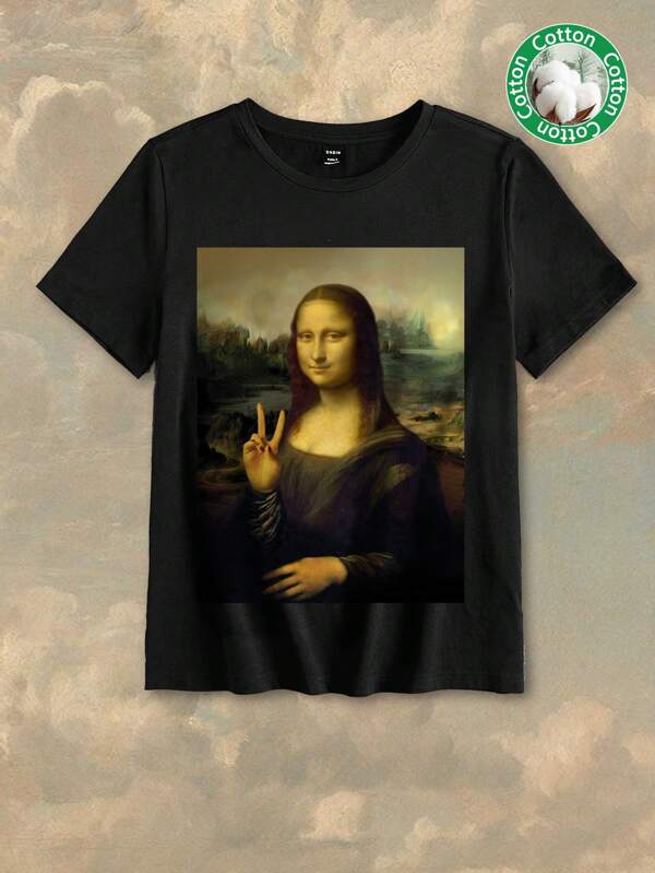 SHEIN EZwear Tricou pentru femei, cu mânecă scurtă, cu mânecă scurtă, cu imprimeu portret Mona Lisa, minimalist, ocazional, potrivit pentru vară