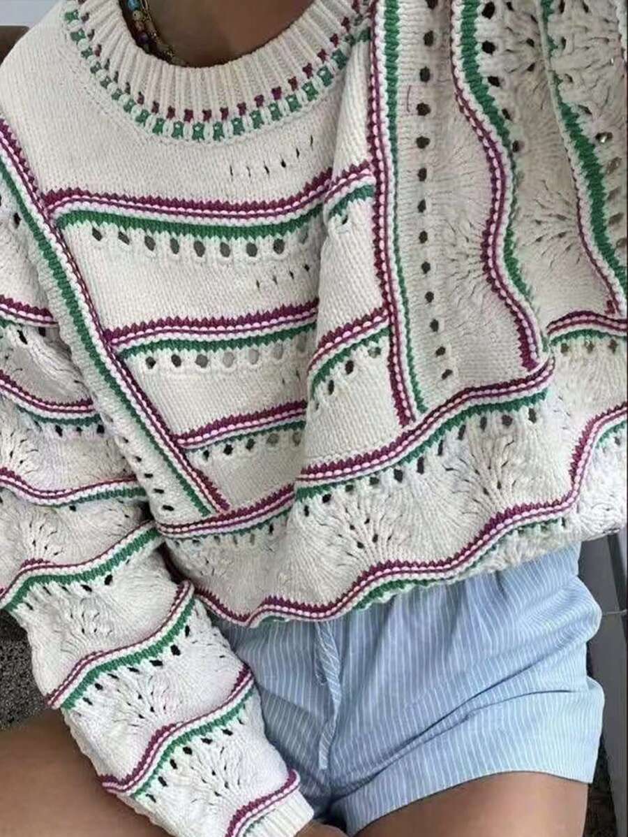 INAWLY Women's Comfortable & Elegant Striped Crew Neck Pullover Sweater, Spring & Summer