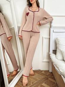 情人节心形刺绣撞色翻领休闲天鹅绒上衣和裤子睡衣套装