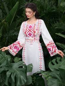 Al Najma 数字位置花卉腰带长袖阿拉伯风格女式连衣裙，阿拉伯连衣裙，端庄 - 彩色 - 查看 3