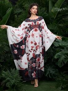 Al Najma Women's Floral Print Round Neck Batwing Elegant Turkish Dress, Modest Kaftan - Multicolor - View 1