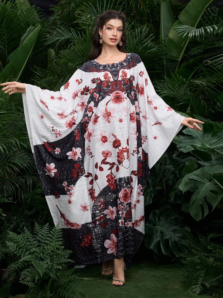 Al Najma Women's Floral Print Round Neck Batwing Elegant Turkish Dress, Modest Kaftan - Multicolor - View 1
