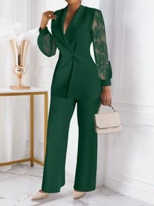 Xyvia 2pcs Women's Business Office Wear Embroidered Details Double-Breasted Fitted Blazer & Pants Set Fall Cloth For Women - Dark Green - View 4