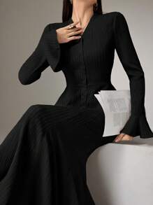 Heiryn 日常优雅女士长袖衬衫和美人鱼风格裙子套装 - 黑色 - 查看 4